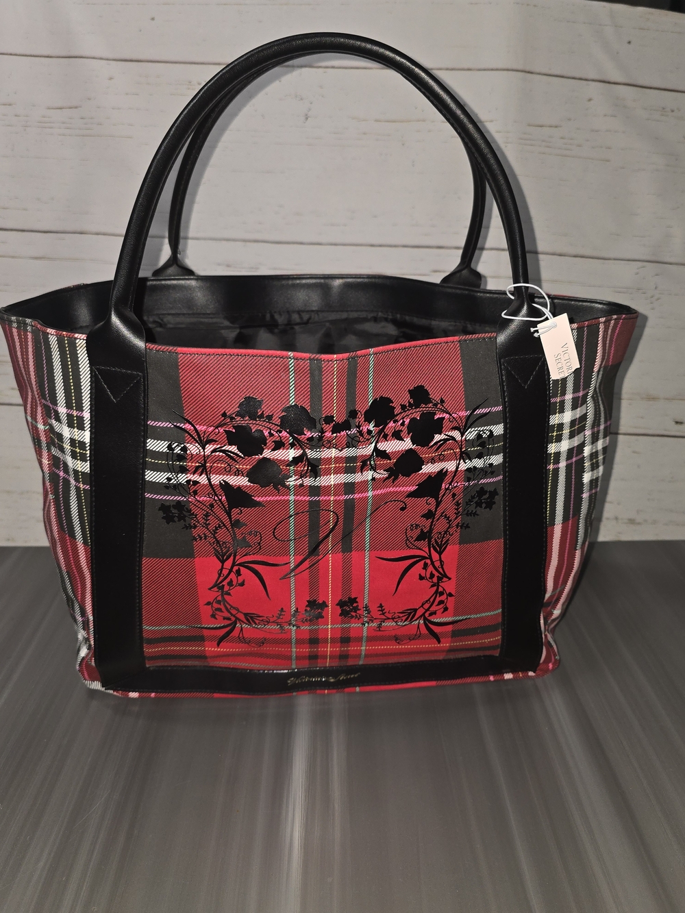 NEW Victoria's Secret Large Red Plaid Tote With BONUS FREE VS MAKEUP BAG Roses